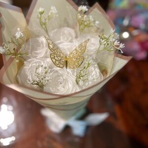 Elegant White Rose Bouquet with Gold Butterfly